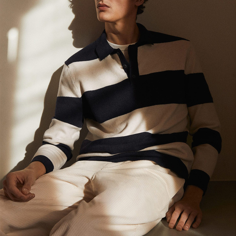 Lapel Half Button Contrast Striped Casual Pullover