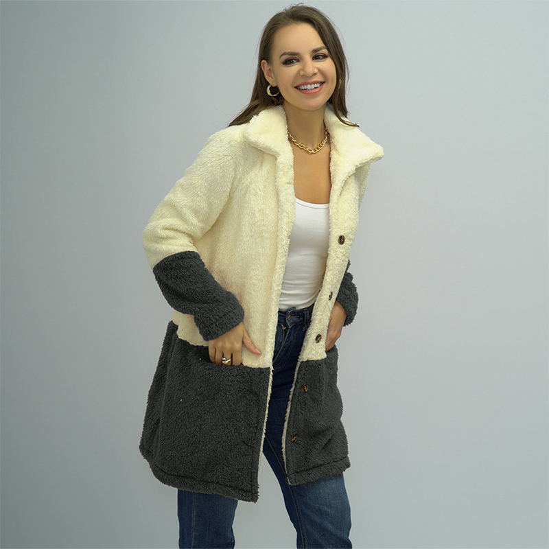 Ladies Colorblock Lapel Double Face Fleece Jacket