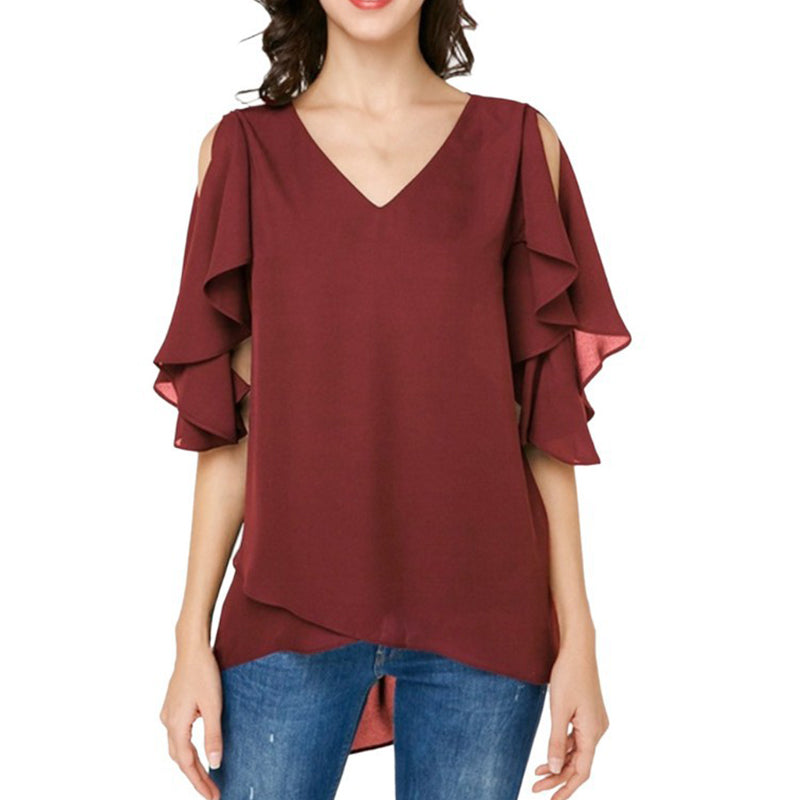 Women's Leaky Shoulder Lotus Leaf Sleeves Chiffon Top