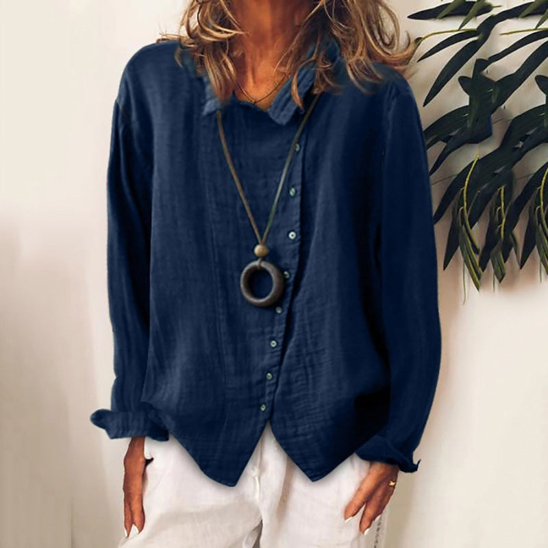 Solid Color Cotton Linen Lapel Shirt