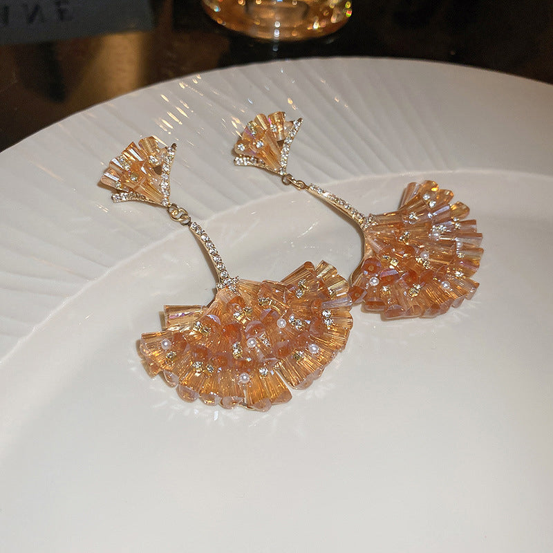 Diamond Encrusted Crystal Fan-Shaped Ginkgo Leaf Earrings