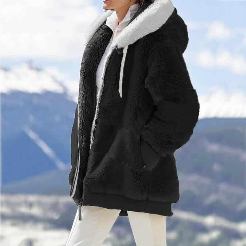 Women Loose plush zipper hooded jacket