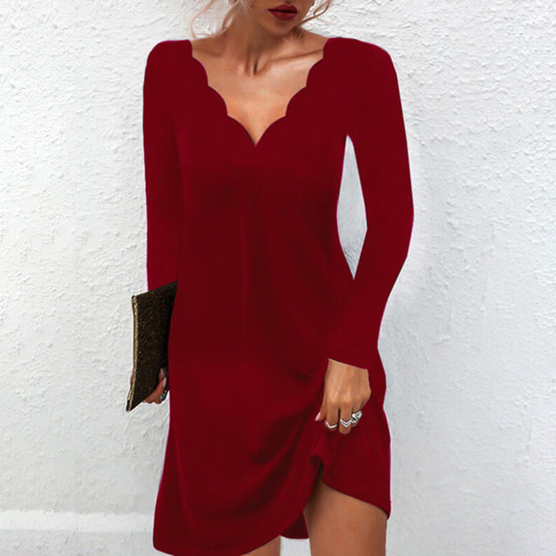 Solid Color Casual Deep V Dress