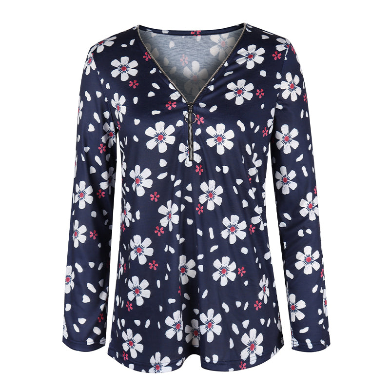 Floral Zipper V-neck Long Sleeves Shirt