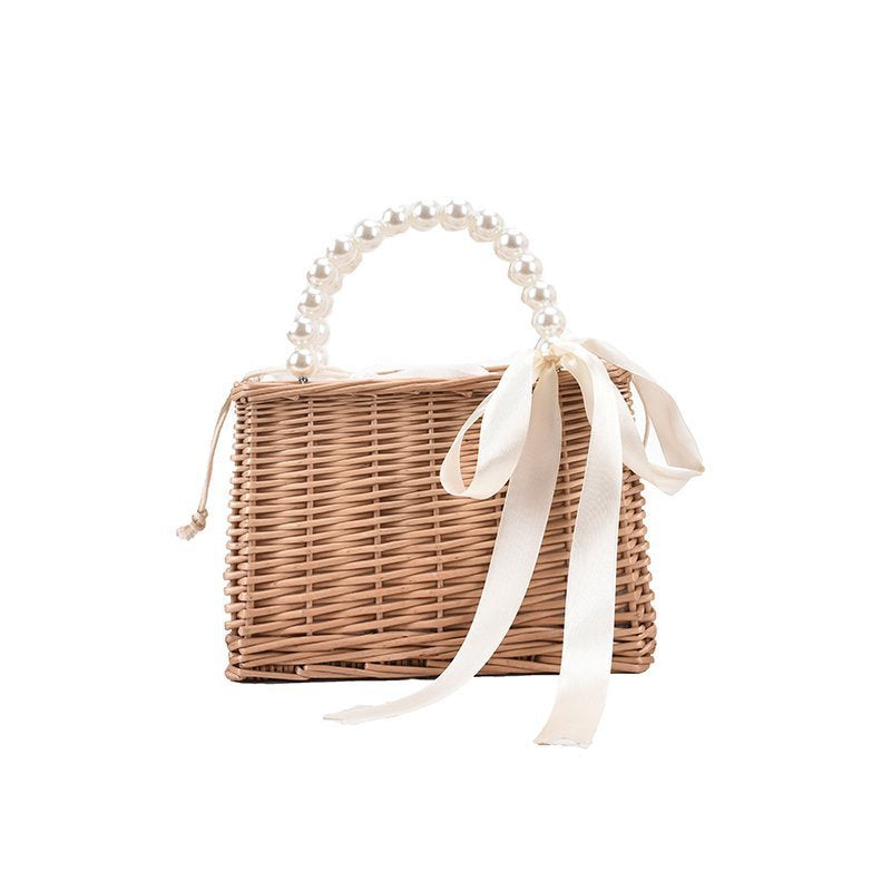 Faux Pearl Handle Straw Square Bag