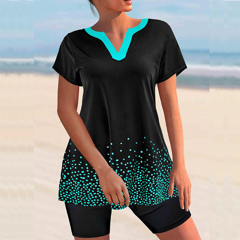 Conservative V Neck Polka Dot Swimsuit
