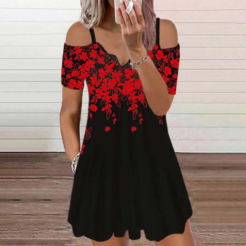 Women's Lace V-Nck Floral Print Sexy Dress