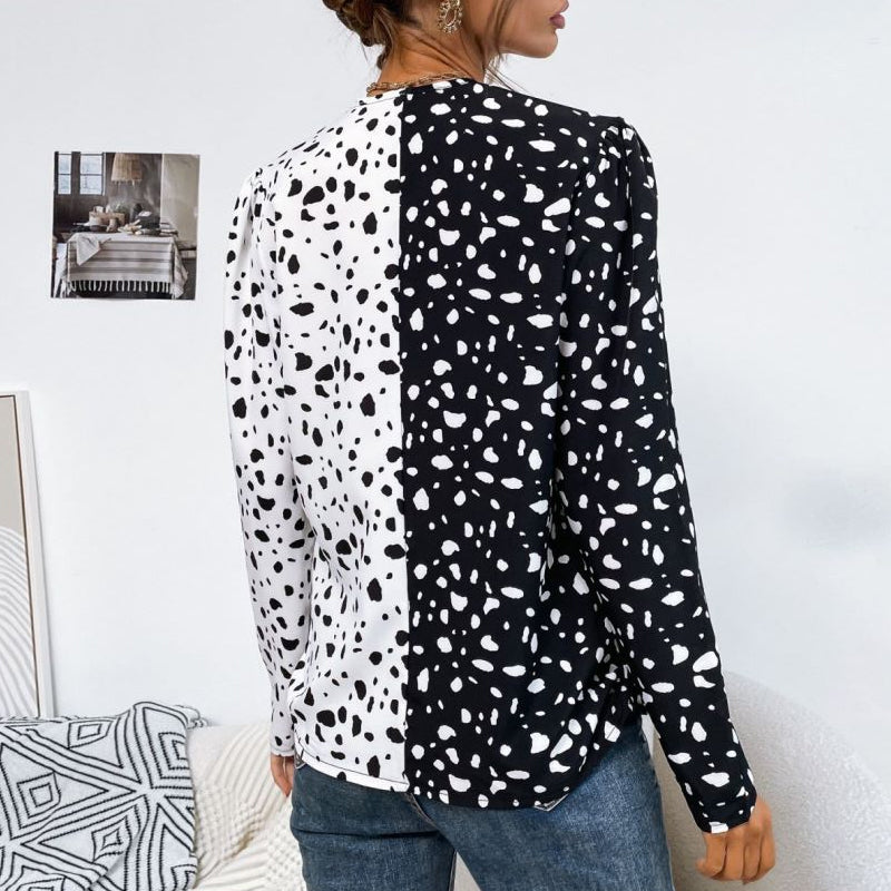 Stone Pattern V-Neck Long Sleeve Shirt