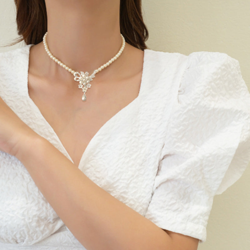 Crystal Diamond Pearl Necklace And Earring Set
