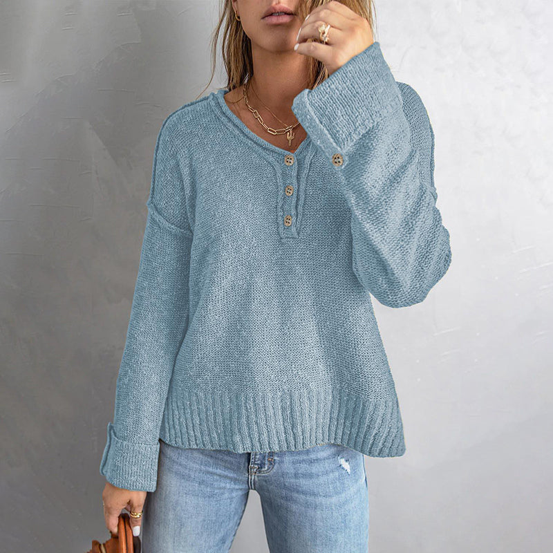 Button Knit Dropped Shoulder Sweater