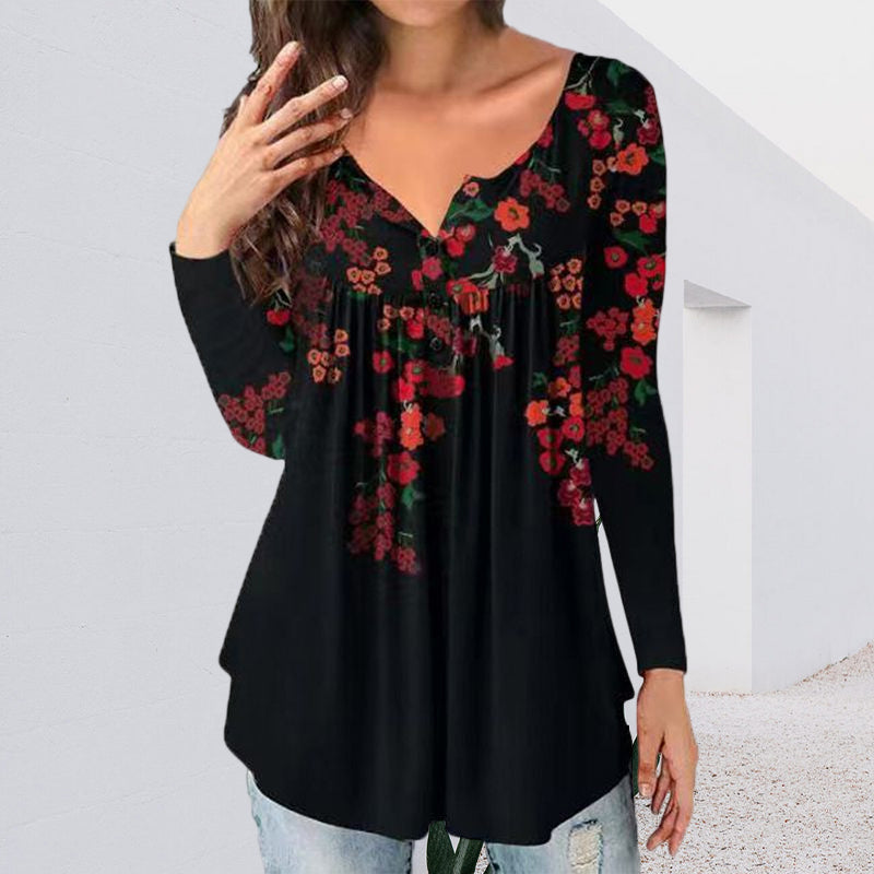 Printed Button Loose Long Sleeve T-Shirt