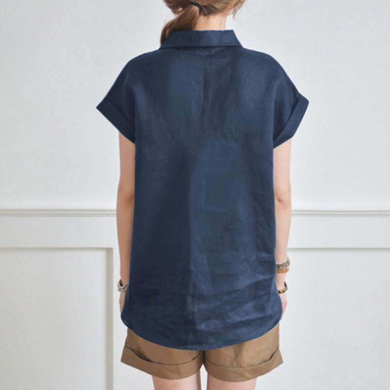 Elegant Loose V-neck Cotton Linen Short Sleeve Shirt
