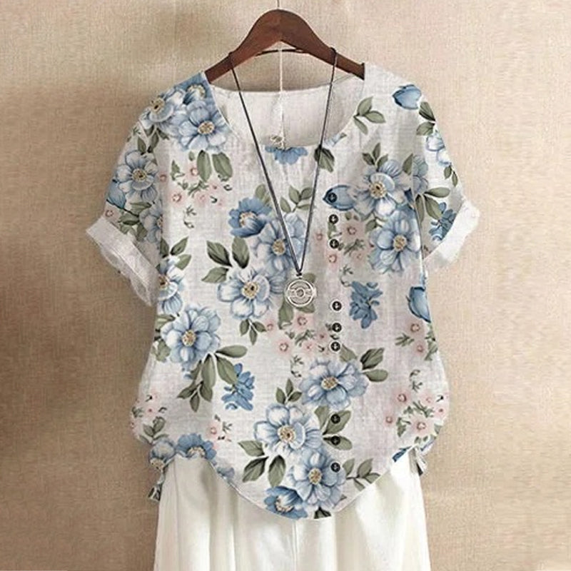 Women Cotton Linen Crew Neck Short Sleeve Tunic