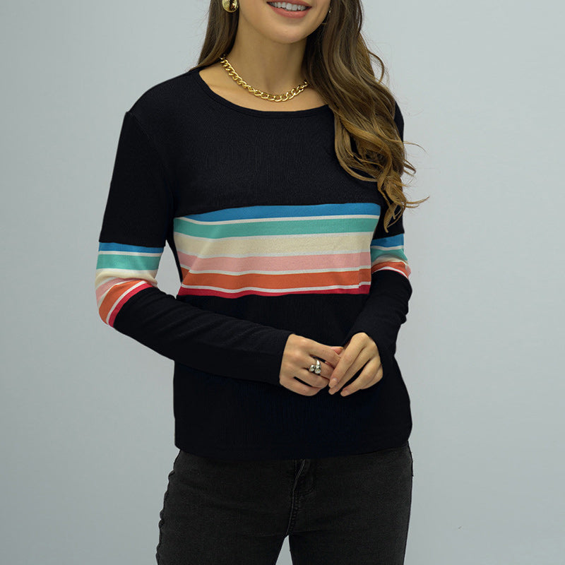 Crew Neck Long Sleeve Rainbow Stripe Panel T-Shirt