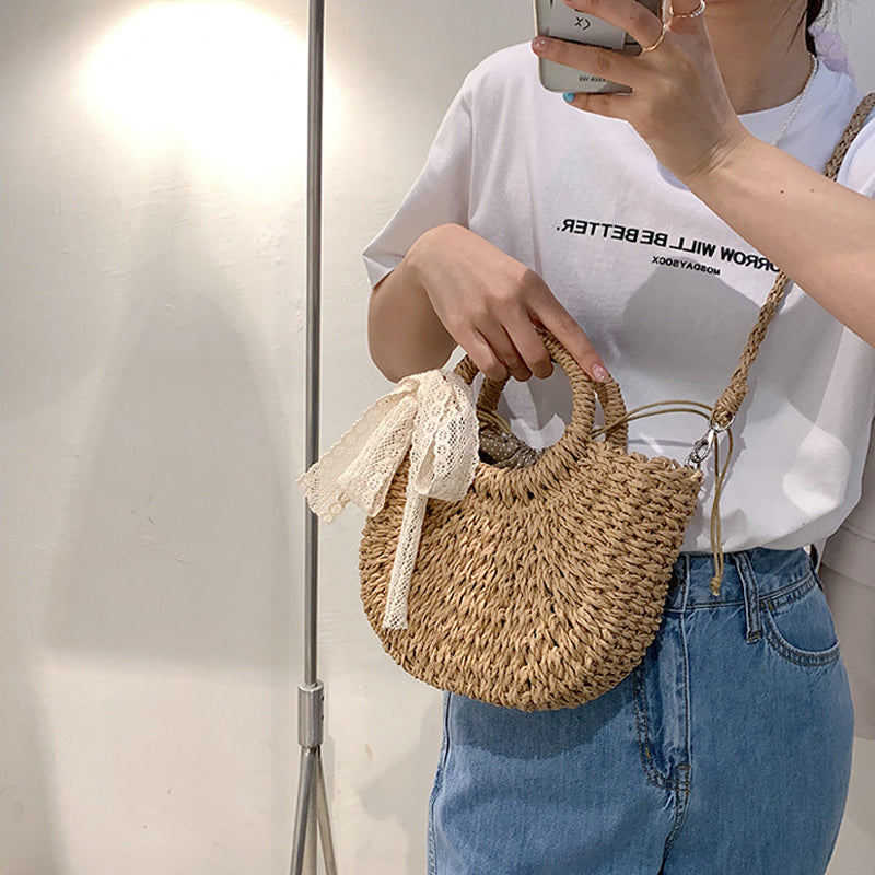 Fashion Ring Handle Straw Bag