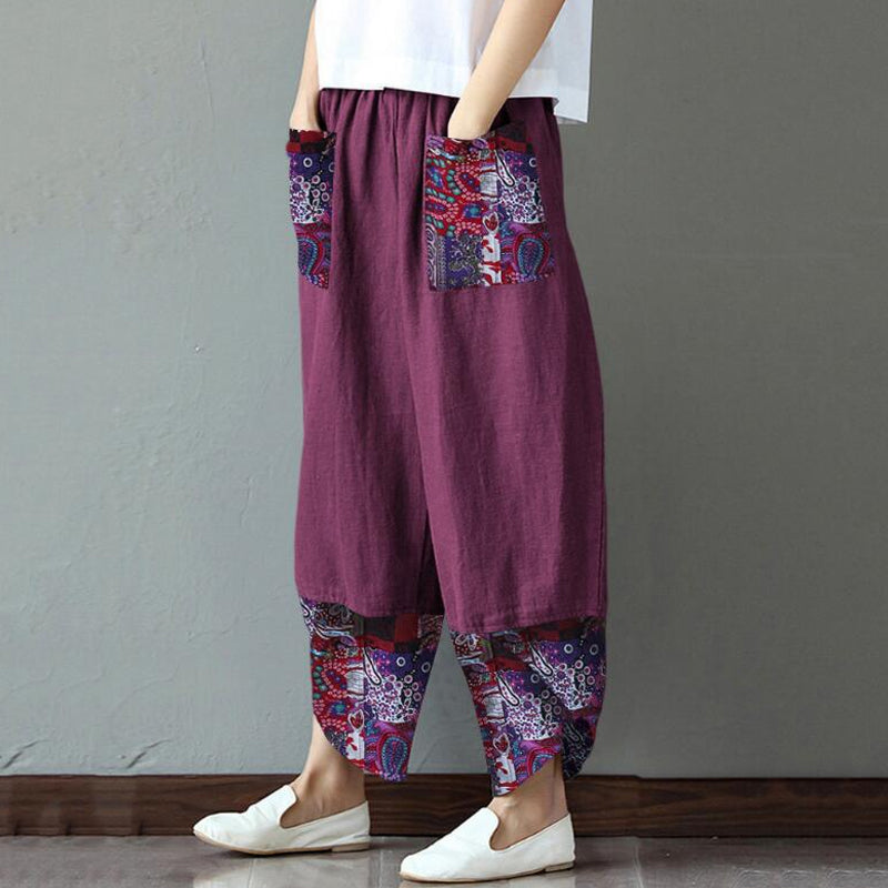 Printed cCtton and Linen Wide-leg Pants