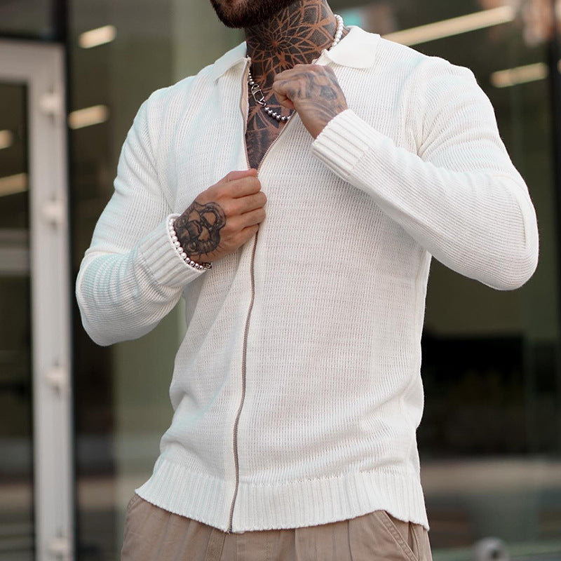 Men's White Long Sleeve Casual Fashion Zip Knit Sweater