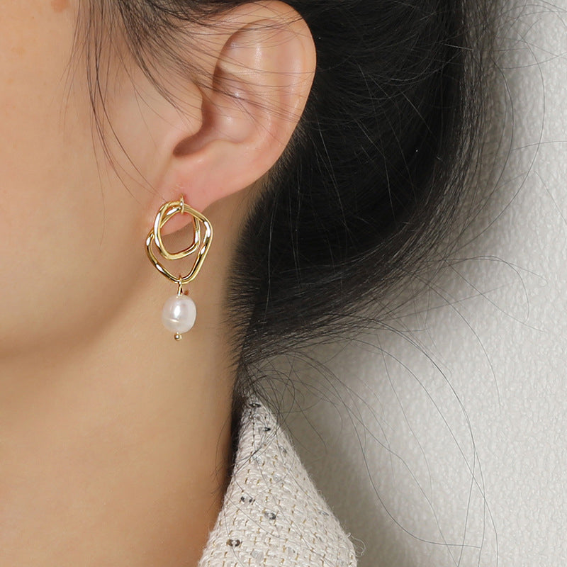 Hammered Double Circle Pearl Earrings