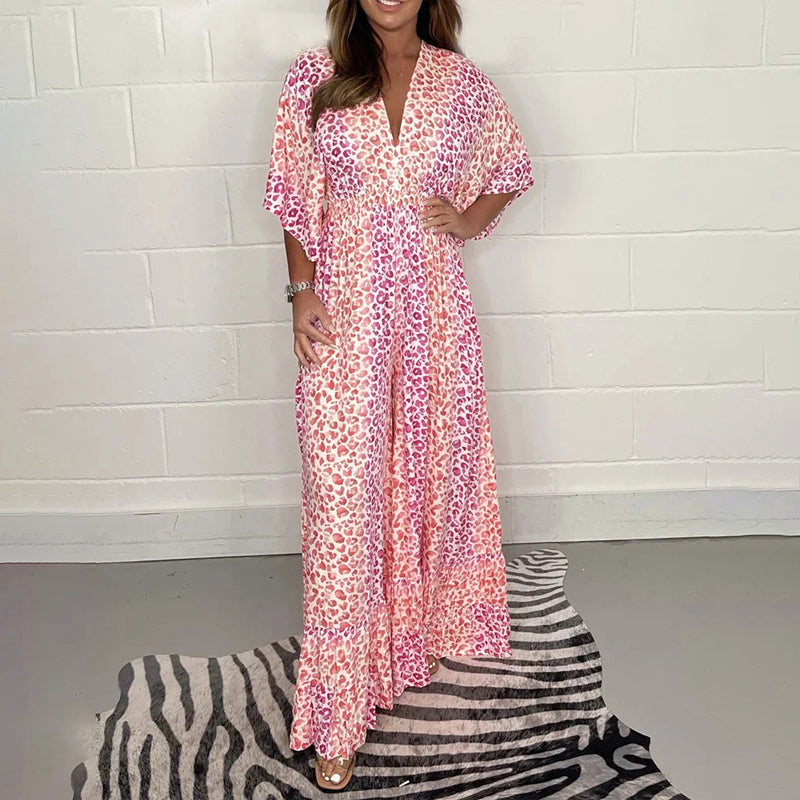 Geometric Multi-Print V-Neck Kimono Jumpsuits
