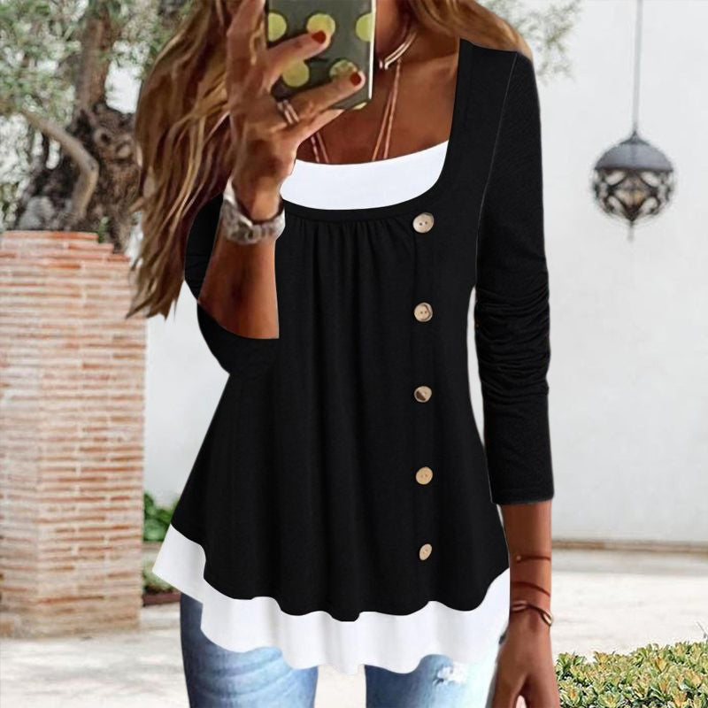 Round Neck Long Sleeve Color Block Button T-Shirt