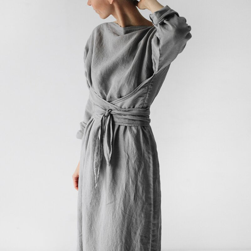 Cotton and Linen Loose Tie Long Dress