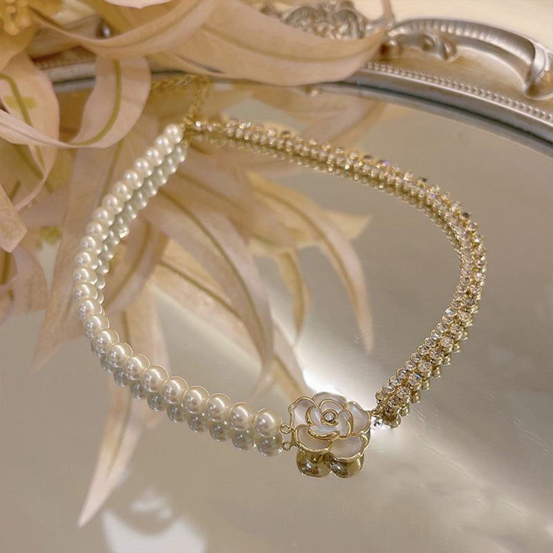 Sparkling Diamond Flower Pearl Necklace