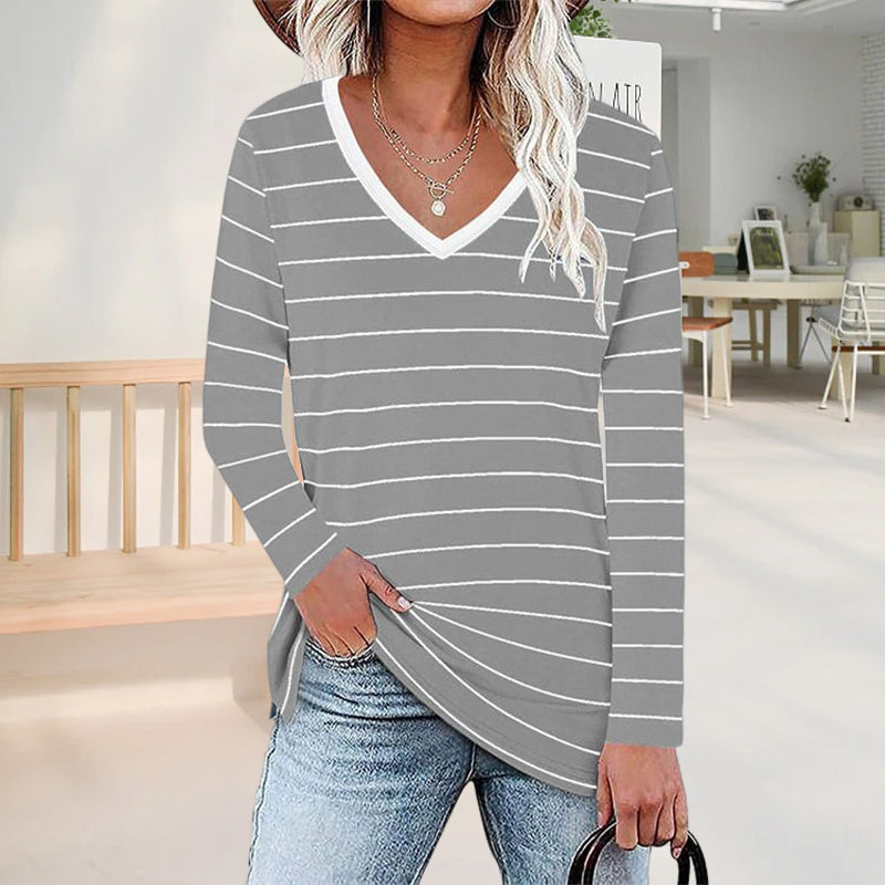 Long Sleeve V Neck Striped T-Shirt