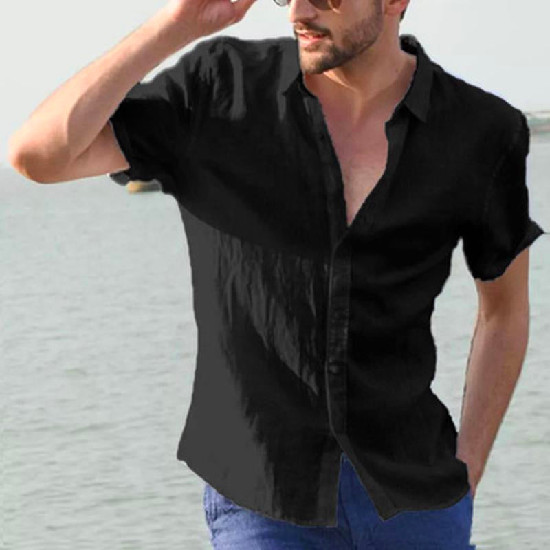 Linen Lapel Solid Color Short Sleeve Shirt