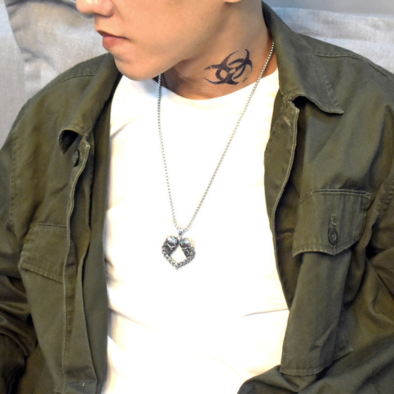 Double Skull Heart Necklace