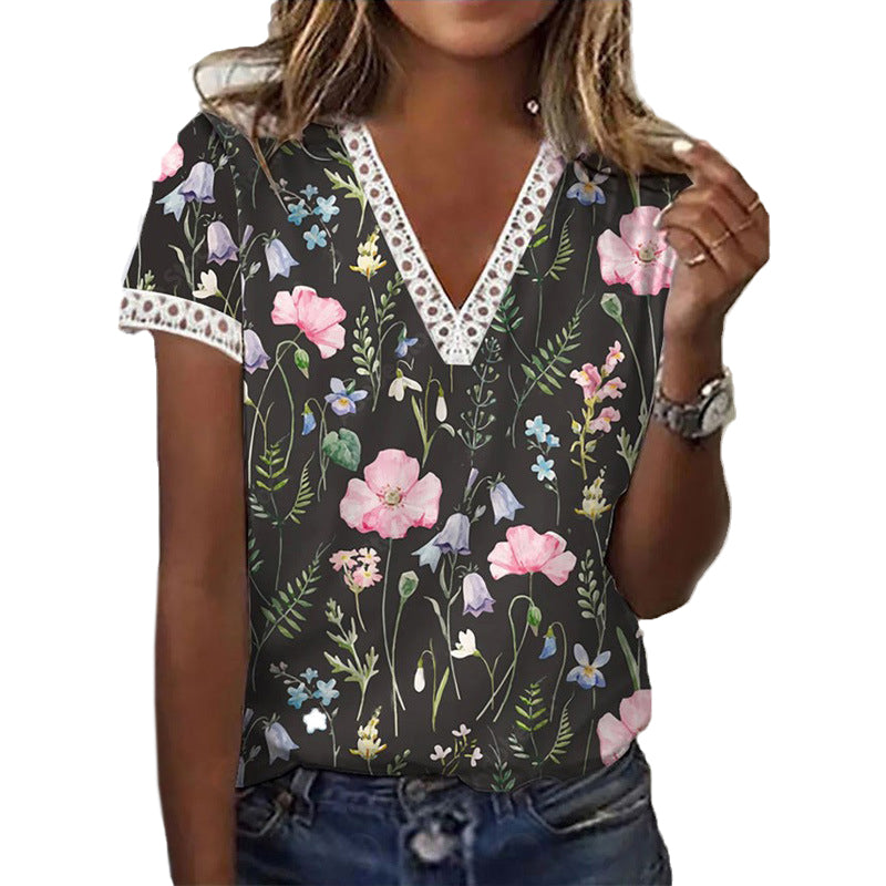 Floral Print Lace Patchwork Blouse
