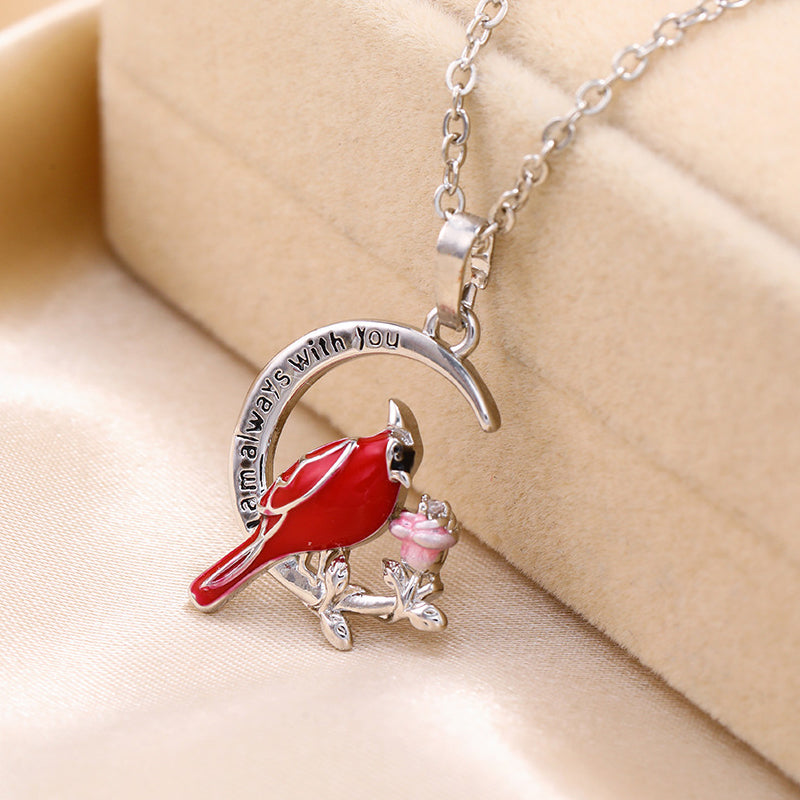 Red Cardinal With Rose Pendant Necklace