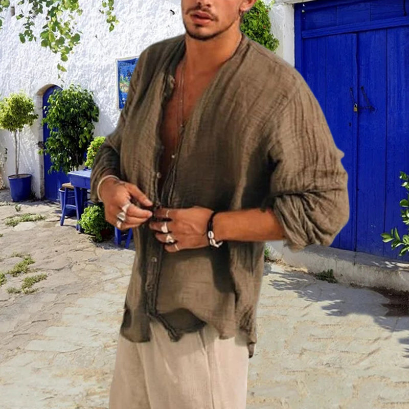 Men's Linen Simple Design Long Sleeve Shirt