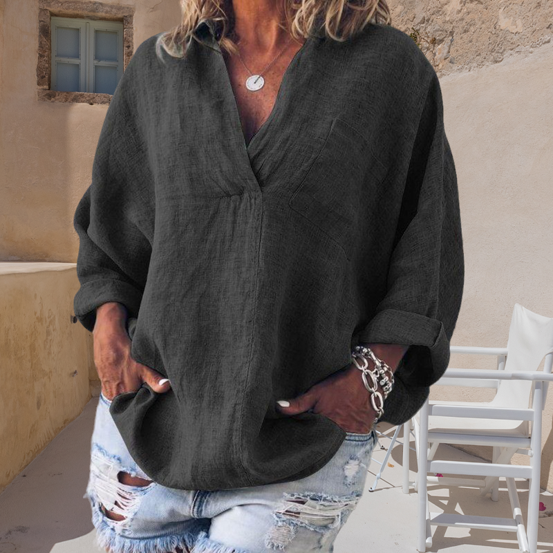 Oversized Loose Long Sleeve V-Neck Linen Shirt