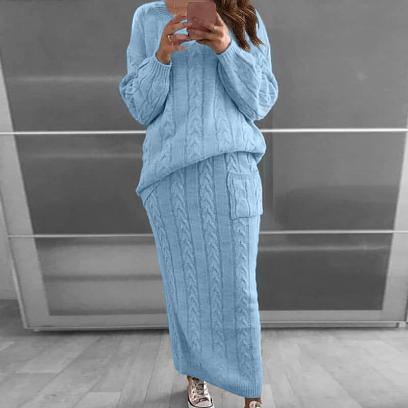 Cable Knit Patched Pocket Skirt Set