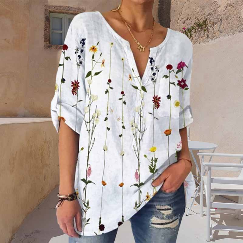 Loose Print V-Neck 3/4 Sleeve Shirt