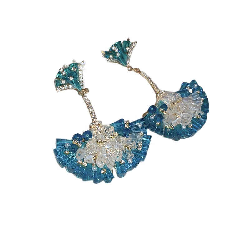 Diamond Encrusted Crystal Fan-Shaped Ginkgo Leaf Earrings