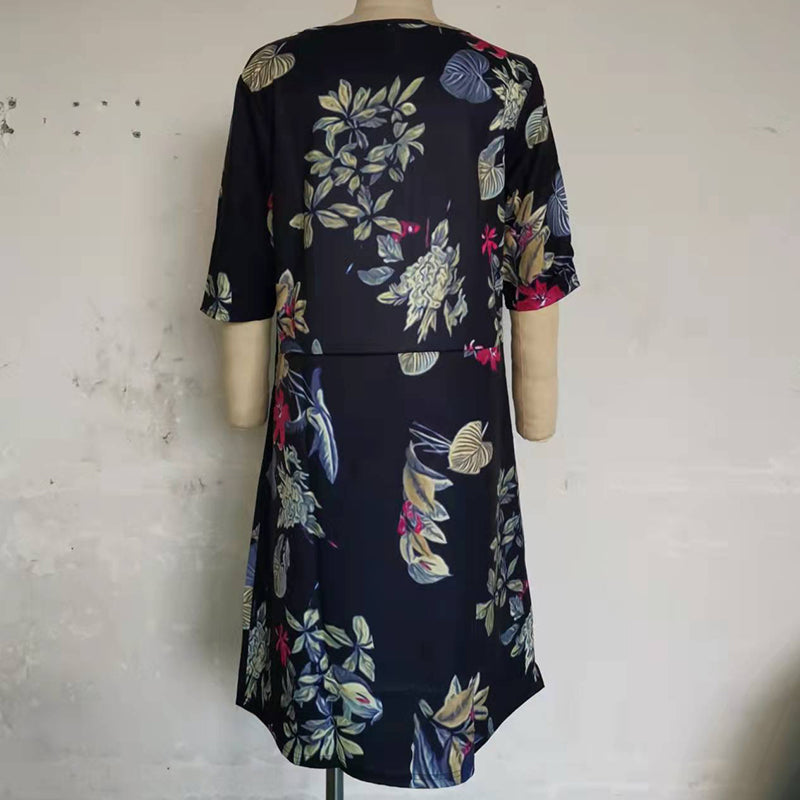 Floral Print Split O-neck Half Sleeve Casual Cotton Dress