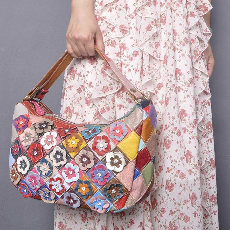 Multi-Color Floral Genuine Leather Boston Bag