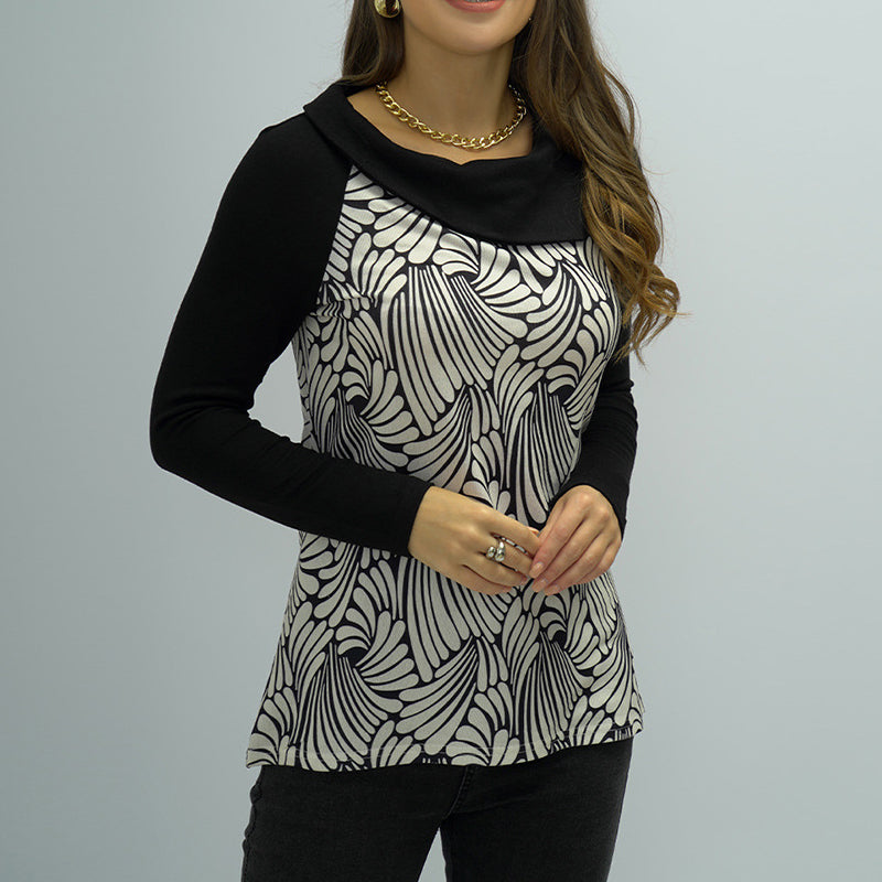 Ladies Long Sleeve Lapel Wave Pattern T-shirt