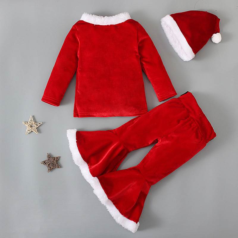 3 piece set of teddy top and flare pants in cute red velvet with Christmas theme