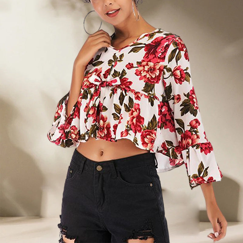 Ladies Summer V-Neck Flared Sleeve Printed Chiffon Shirt