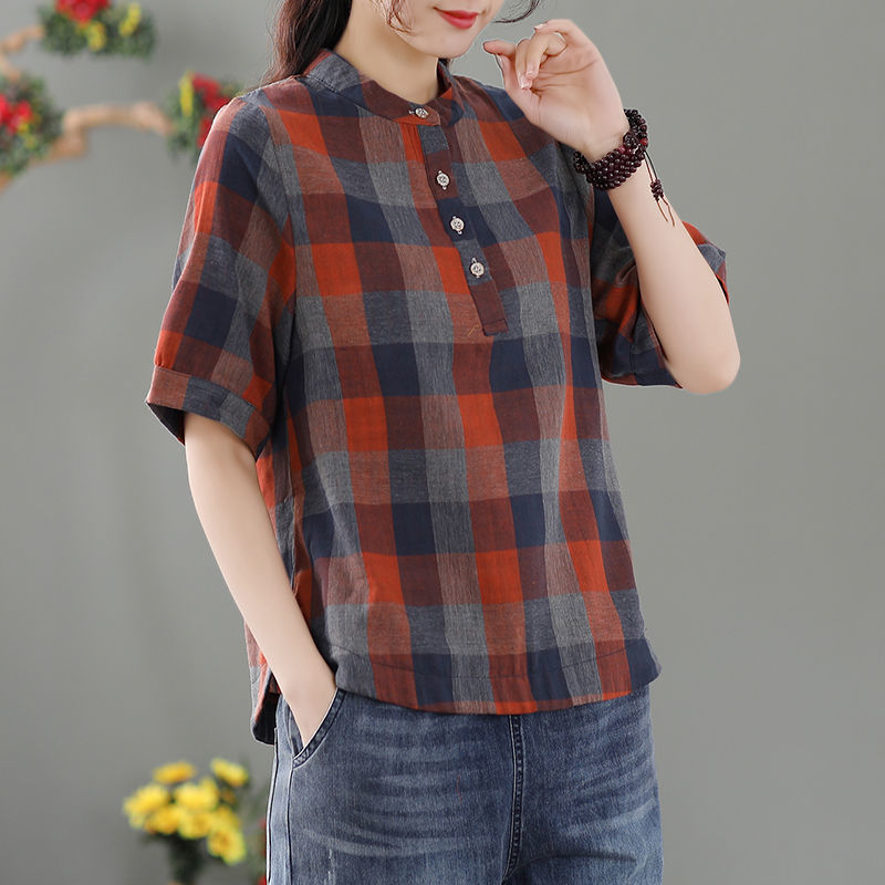 Vintage Plaid Lantern Sleeve Top