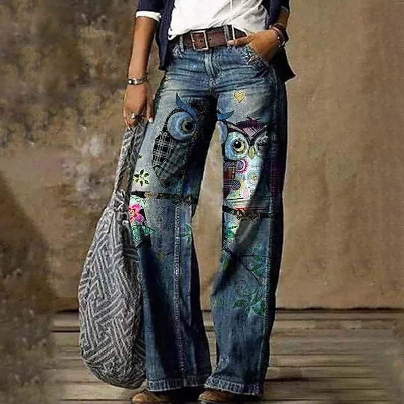 Women's Printed Wide Leg Denim Pants