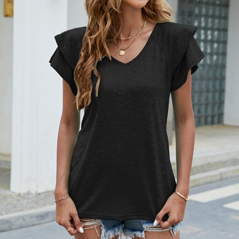 Women Casual V-Neck Irregular Lotus Leaf Sleeves T-shirt