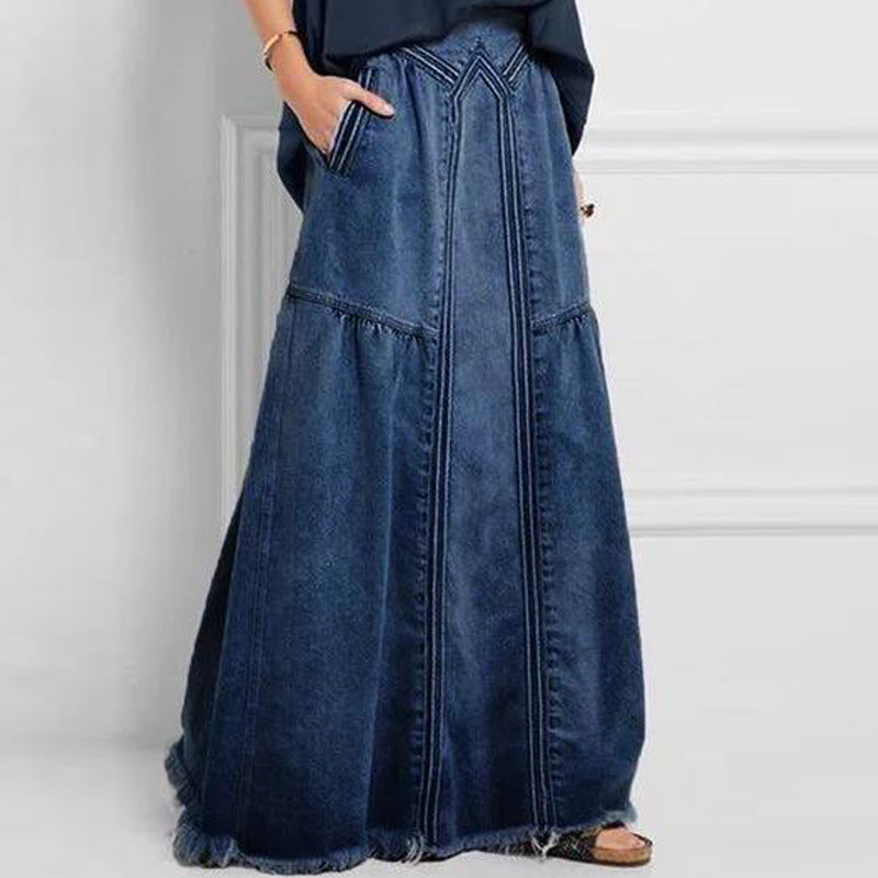 Women Distressed Solid Color Elastic Waist Loose Denim Skirt