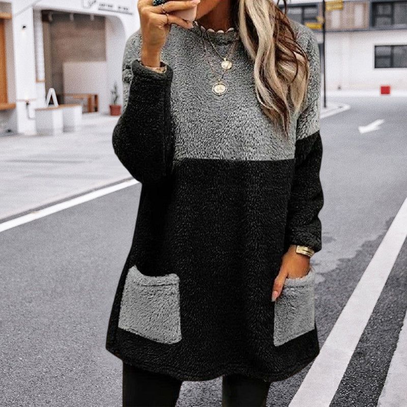 Round Neck Panels Pockets Long Sleeves Suede Sweatshirt