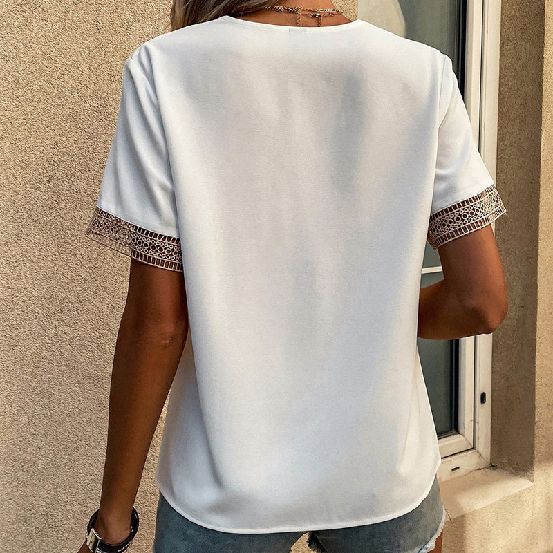 V-Neck Short Sleeve Lace T-Shirt
