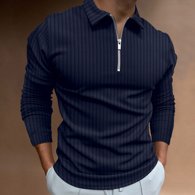 Polo Shirt Zipper Stripe Long Sleeve Men's Polo Shirt
