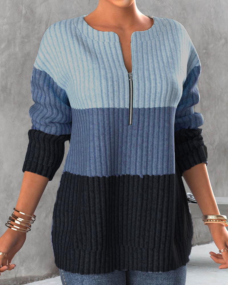 Color Block Zipper Blouse