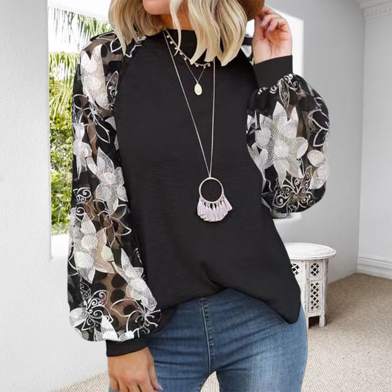 Crew Neck Long Sleeve Print Panel Loose T-Shirt